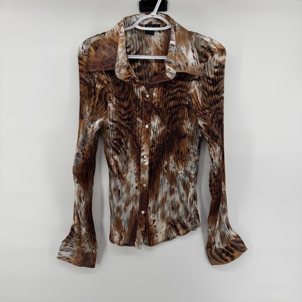Milano Brown Animal Print Pleated Button Down Shirt Y2K XL